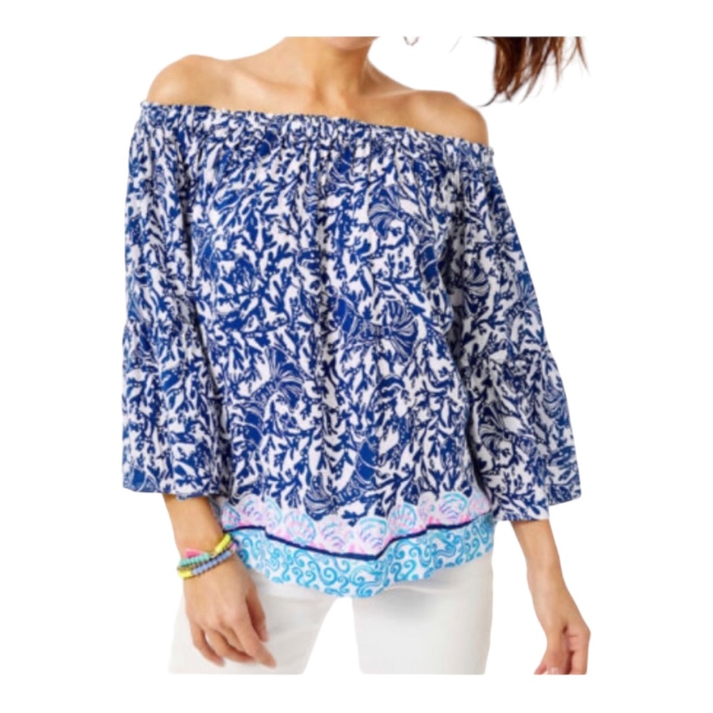 Lilly Pulitzer Nevie Off the Shoulder Top Krillin It Oyster Bay Blue Sz S
